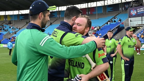 Paul Stirling is mobbed by team-mates