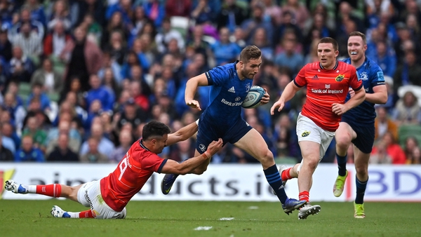 Leinster's Jordan Larmour is tackled by Conor Murray in last season's URC clash at the Aviva Stadium