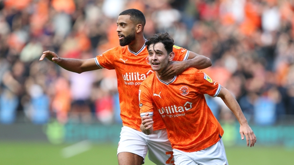 CJ Hamilton (L) and Charlie Patino celebrate a Blackpool goal