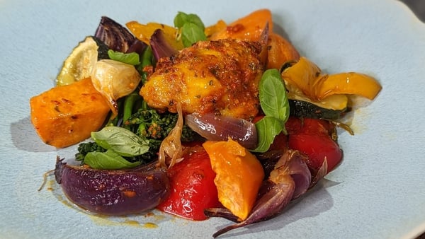 Neven's chicken piri piri tray bake with sweet potato and vegetables
