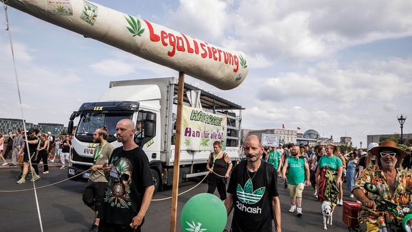 Activists demonstrating for the legalisation of cannabis march in the annual Hemp Parade in Berlin in August