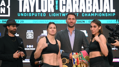 Katie Taylor (L) puts her belts on the line against Karen Elizabeth Carabajal (R) in London