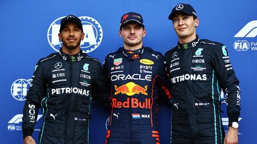 Verstappen flanked by Hamilton and Russell after the qualifying session
