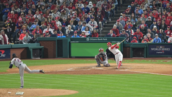 Rhys Hoskins (#17) of the Philadelphia Phillies hits a home run in the fifth inning