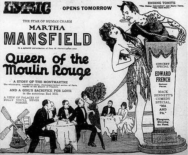 Advertisement for the film "Queen of the Moulin Rouge" (1922) Photo: The Duluth Herald, September 1922