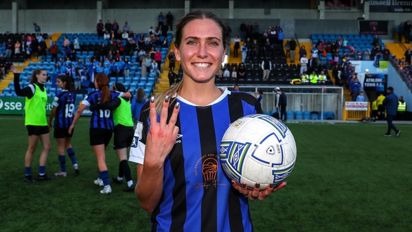 Maddie Gibson with the match ball after her hat-trick against Wexford Youths