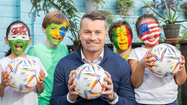 Pictured at the RTÉ Sport FIFA World Cup launch (l to r) are students from Miss Ali's Stage School in Dundrum, Evie Rose (Wales flag), AJ Keating (Brazil flag), Shay Given, Denis Zamfiroiu (Senegal flag) and Saoirse O' Connor (USA flag)