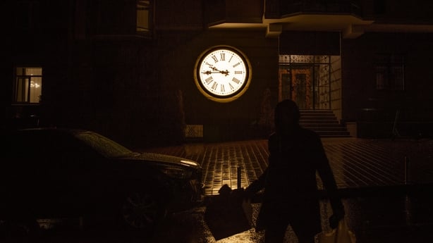 A hotel is seen in darkness at Ivana Franka Street in Kyiv