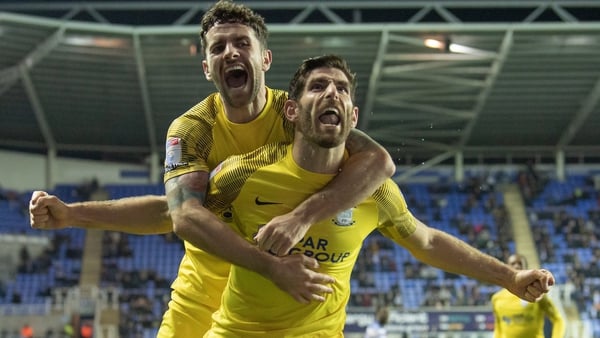Ched Evans celebrates his first goal against Reading with team-mate Robbie Brady