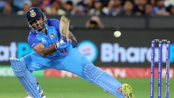 India's Suryakumar Yadav grabs six runs against Zimbabwe