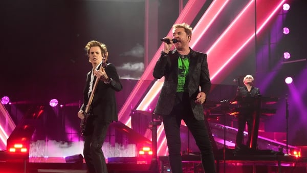 John Taylor, Simon Le Bon and Andy Taylor of Duran Duran perform onstage during the 37th Annual Rock & Roll Hall of Fame Induction Ceremony at Microsoft Theater on November 05, 2022 in Los Angeles, California. (Photo by Kevin Mazur/Getty Images)