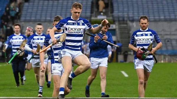 Brian Byrne leads Naas out onto the Croke Park pitch ahead of their All-Ireland final against Kilmoyley