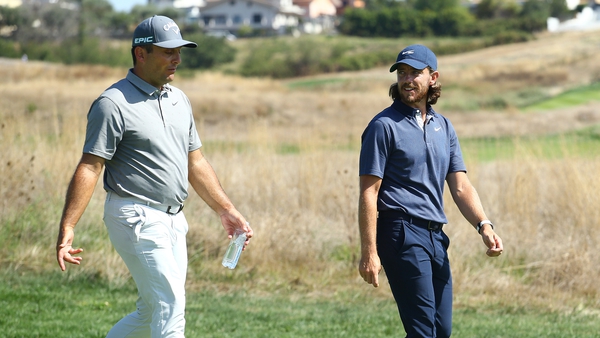 Francesco Molinari and Tommy Fleetwood (R) will be on opposing sides in Abu Dhabi
