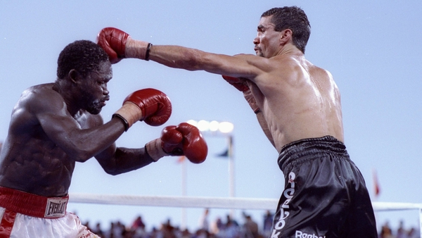 Jeff Fenech rocks Azumah Nelson with a shuddering straight left in their 1991 bout