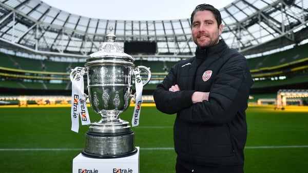 Ruaidhri Higgins poses with the FAI Cup at the Aviva Stadium