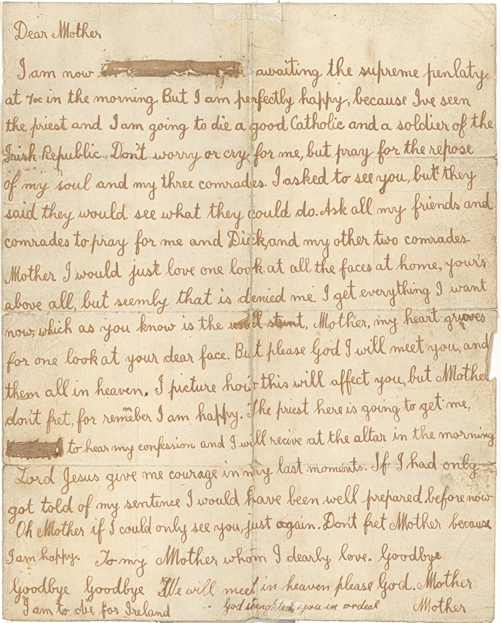 Image - James Fisher's final letter. Credit: Kilmainham Gaol Archive.