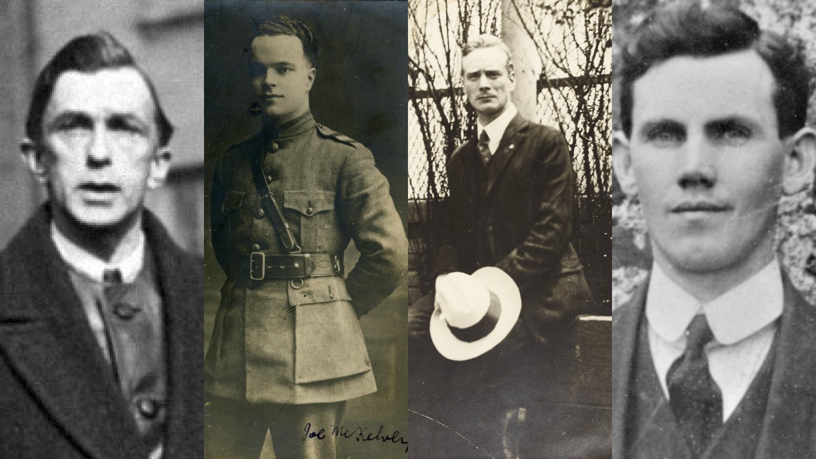 Image - MARKED FOR DEATH: Rory O'Connor, Joe McKelvey, Liam Mellows, and Richard Barret.

Credits: The National Library of Ireland, Military Archives, Getty Images, the Barret Family.