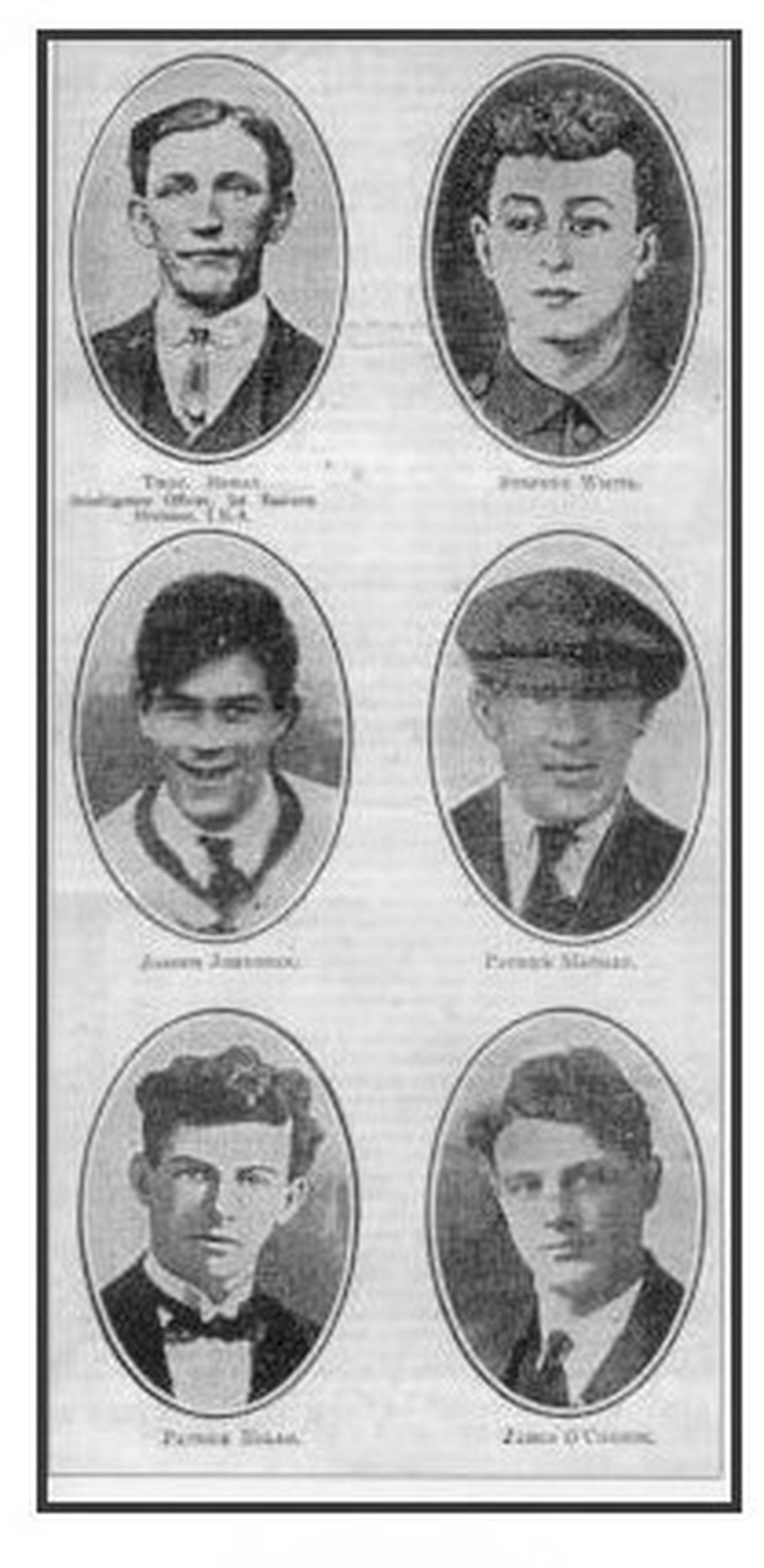 Image - A photo memorial to six of the seven men executed in the Curragh Camp. Credit: Éire (The Irish Nation) Magazine Vol 1, No. 49, Dec 22 1923.
