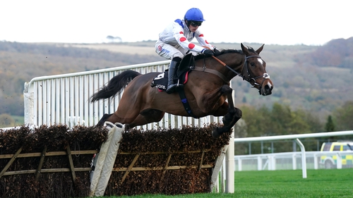 Hermes Allen and jockey Harry Cobden on their way to winning the Ballymore Novices' Hurdle