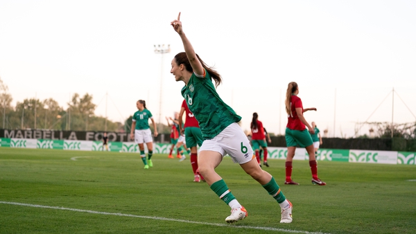Megan Campbell celebrates scoring the opening goal against Morocco