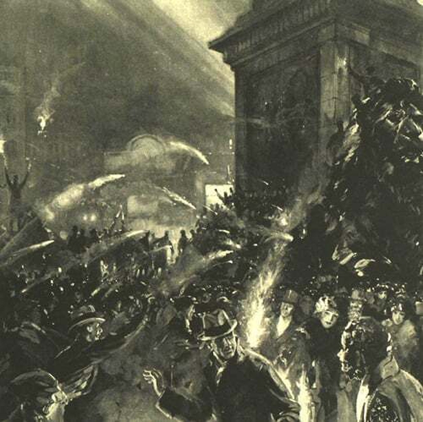 Fireworks battle of Trafalgar Square, election night, 25 November 1922 Photo: The Illustrated London News, November 25 1922