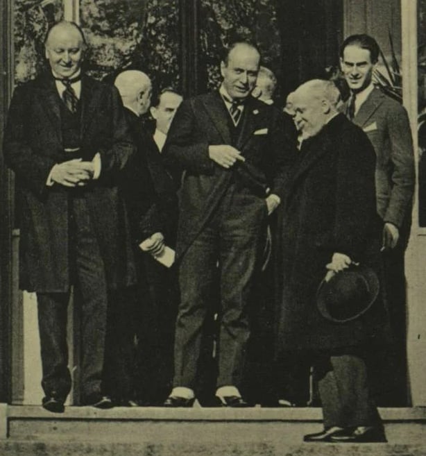 The 'big three' of the Lausanne Conference (right to left) Lord Curzon, Benito Mussolini, and Raymond Poincaré Photo: Illustrated London News, 2 December 1922