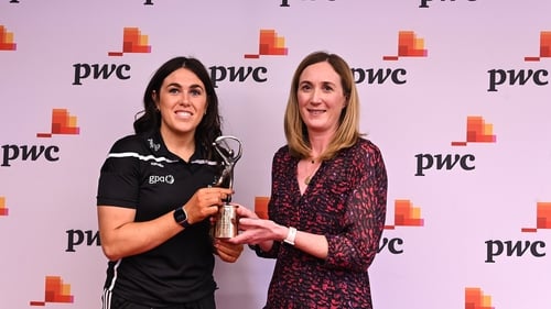 Gillian Lowth, Partner at PwC Galway, presents the April PwC GPA Women's Player of the Month Award to Miriam Walsh of Kilkenny.