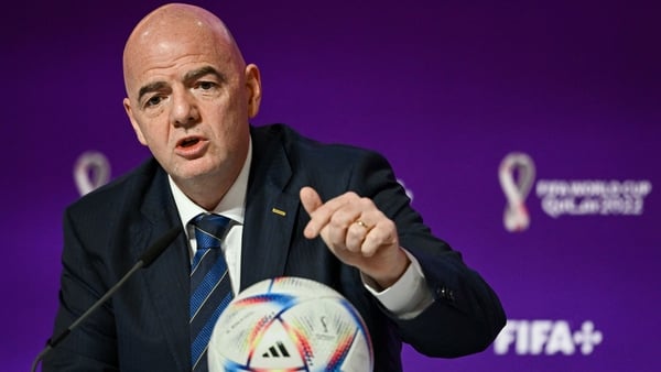 FIFA President Gianni Infantino speaks during a press conference at the Qatar National Convention Center