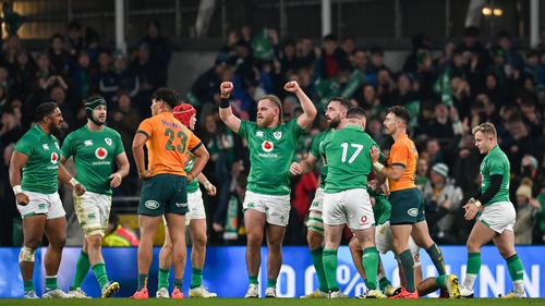 Finlay Bealham celebrates after Ireland hold on for the slender win