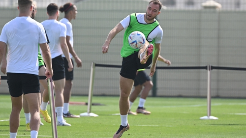 Christian Eriksen trains with his Denmark team-mates in Doha on Sunday