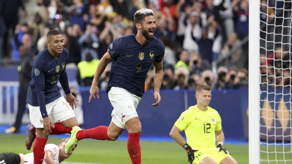 Kylian Mbappe looks on after Olivier Giroud found the net for France in the recent Nations League win over Austria