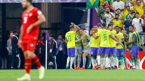 Brazil celebrate a Richarlison goal as they open their World Cup campaign with a victory