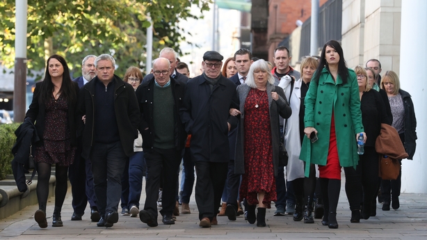 Family members of Aidan McAnespie and their supporters arrive at Laganside Courts in Belfast