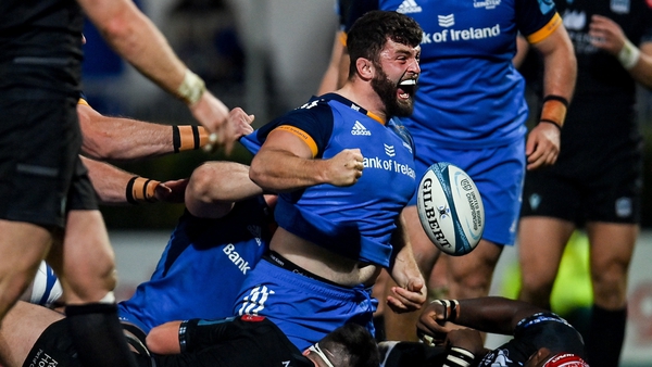Michael Milne celebrates after scoring Leinster's fourth try