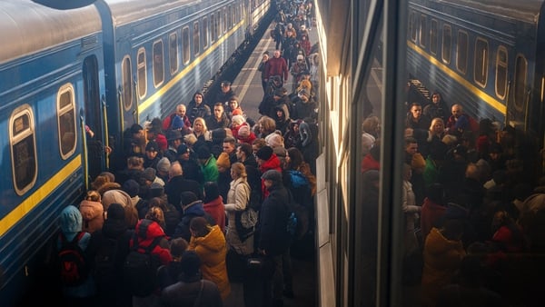 People board an evacuation train at Kyiv central train station on 28 February, 2022, just days after war breaks out
