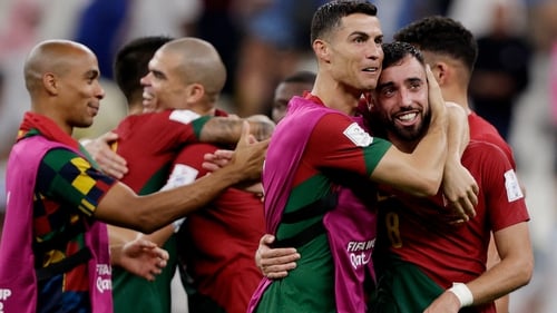 Cristiano Ronaldo embraces Bruno Fernandes at the final whistle