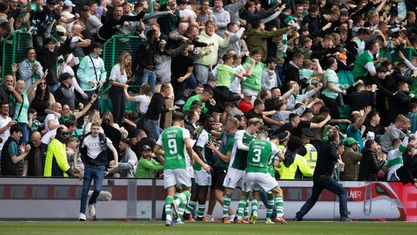 Hibs players celebrate Martin Boyle's equaliser during a league match between Hibernian and Hearts at Easter Road in August