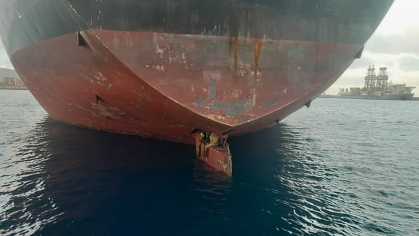 The three men were found on top of the ship's rudder (Pic: Salvamento Marítimo)