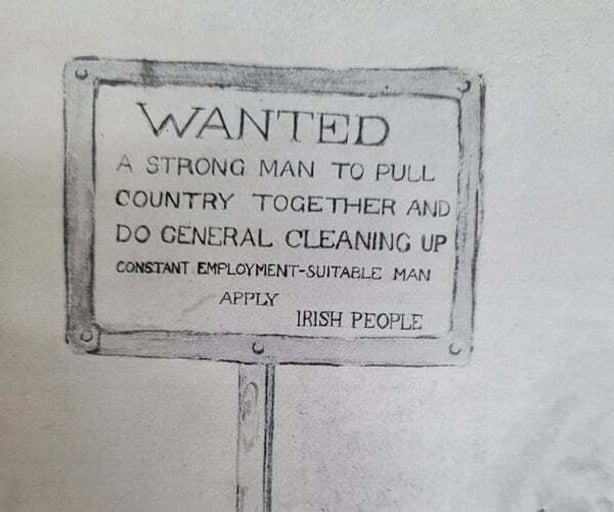 Drawing of a sign in field with message Photo: Irish Life, December 1922