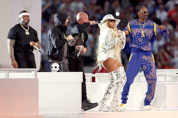 50 Cent, Eminem, Dr. Dre, Mary J. Blige, and Snoop Dogg perform during the Pepsi Super Bowl LVI Halftime Show