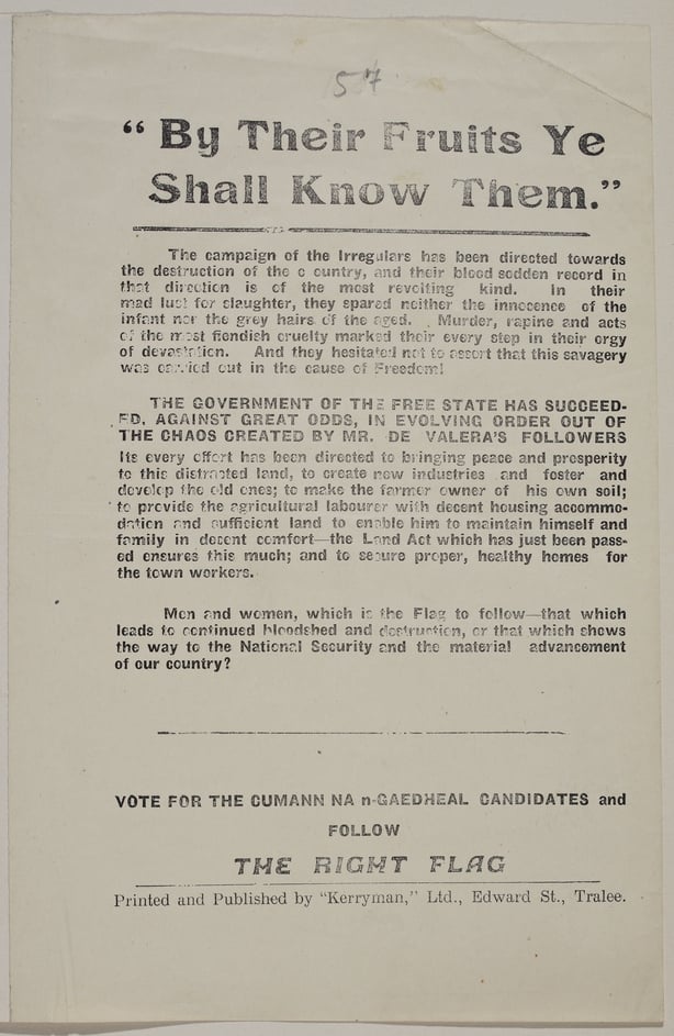 Election campaign leaflet for Cumann na nGaedheal candidates published in Kerry saying By their fruits you shall know them, criticising the anti-Treaty "irregulars"