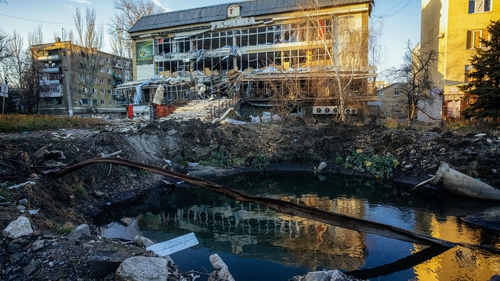 A destroyed building seen in Bakhmut, Donetsk region