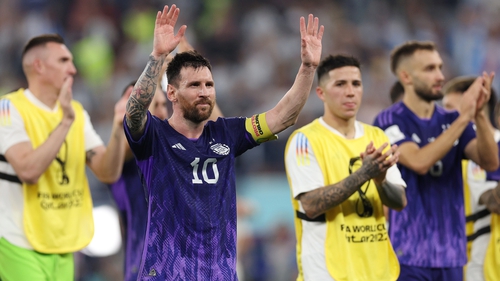 Leo Messi salutes the fans after Argentina's win