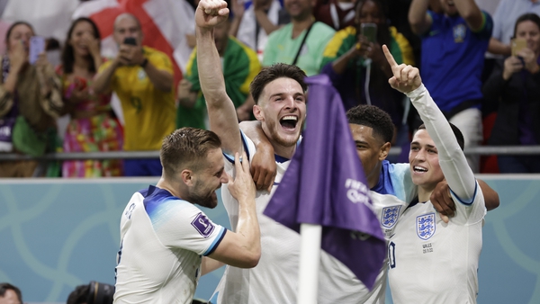 Luke Shaw, Declan Rice, Jude Bellingham and Phil Foden in celebratory mood during England's defeat of Wales