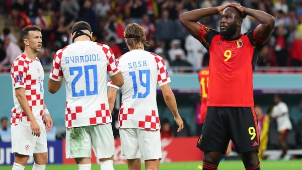Romelu Lukaku reacts to a near miss as Belgium chase a winner