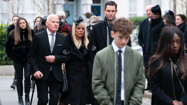 Michael Cashman as Colin, Letitia Dean as Sharon Watts, James Farrar as Zack Hudson, Frankie Day as Ricky Mitchell and Diane Parish as Denise Fox during Dot Branning's funeral