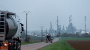 Tanker trucks travel towards the TotalEnergies SE Grandpuits oil refinery in Grandpuits-Bailly-Carrois, France