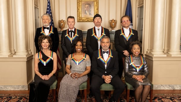 (L-R top row): U2 members Adam Clayton, Larry Mullen Jr, The Edge, and Bono and (L-R bottom row) Amy Grant, Gladys Knight, George Clooney, and Tania León at the dinner in Washington DC on Saturday night