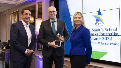 Myles O'Grady, Group CEO of Bank of Ireland, Professor Gerardine Doyle, Director of UCD Smurfit School with the winner of the Audio Story of the Year Award Adam Maguire, RTÉ News