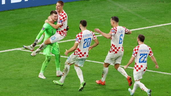 Dominik Livakovic celebrates with his Croatia team-mates